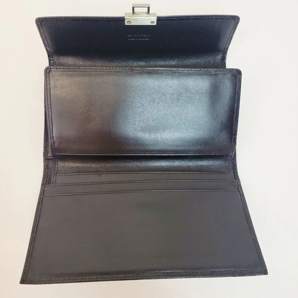 Vintage Lauren Ralph Lauren Black Croc Embossed Leather Checkbook Wallet